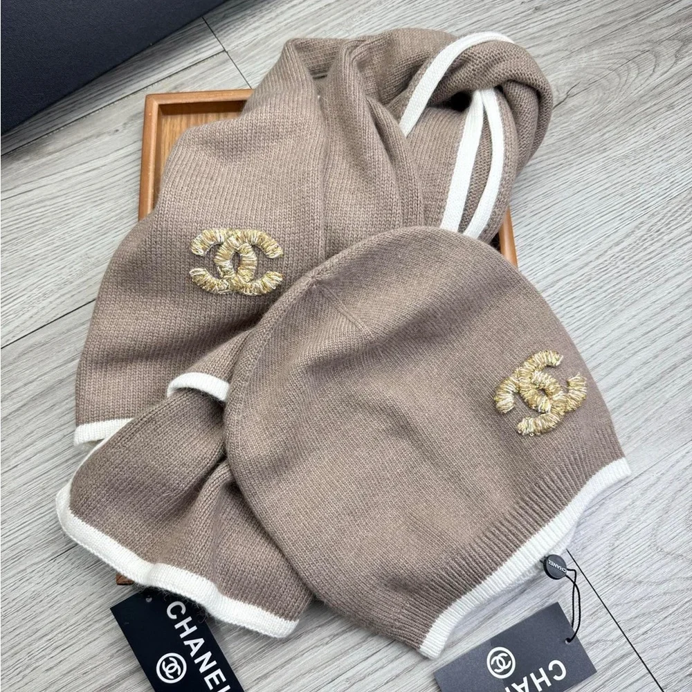 Chanel Taupe Knit Scarf and Beanie Set with White Trim